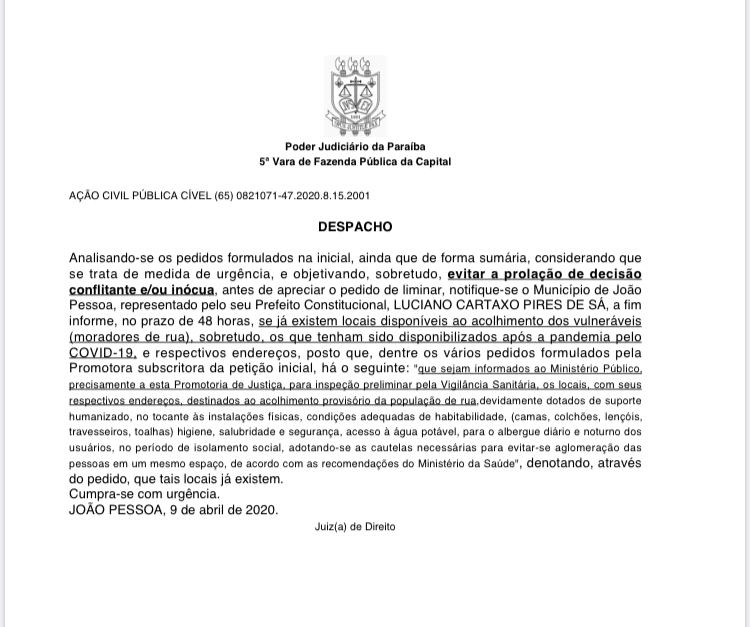 Justiça determina que a pmjp indique local para o acolhimento de 700 pessoas em situação de rua, em até 48h